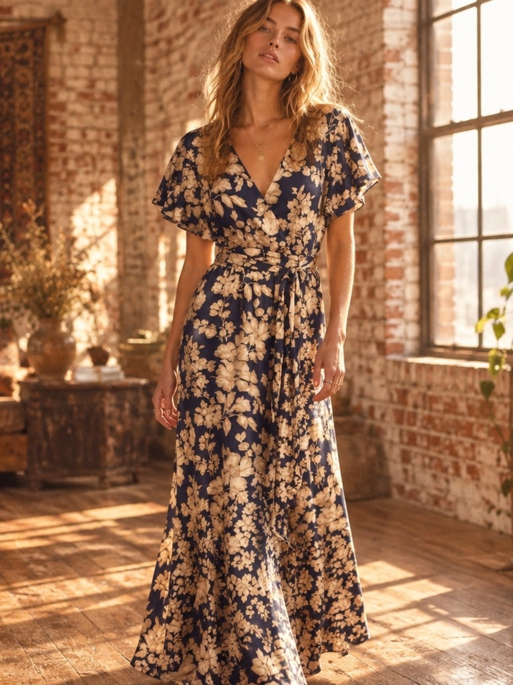Nicole Miller Floral Maxi Dress in Blue & Beige Size Medium